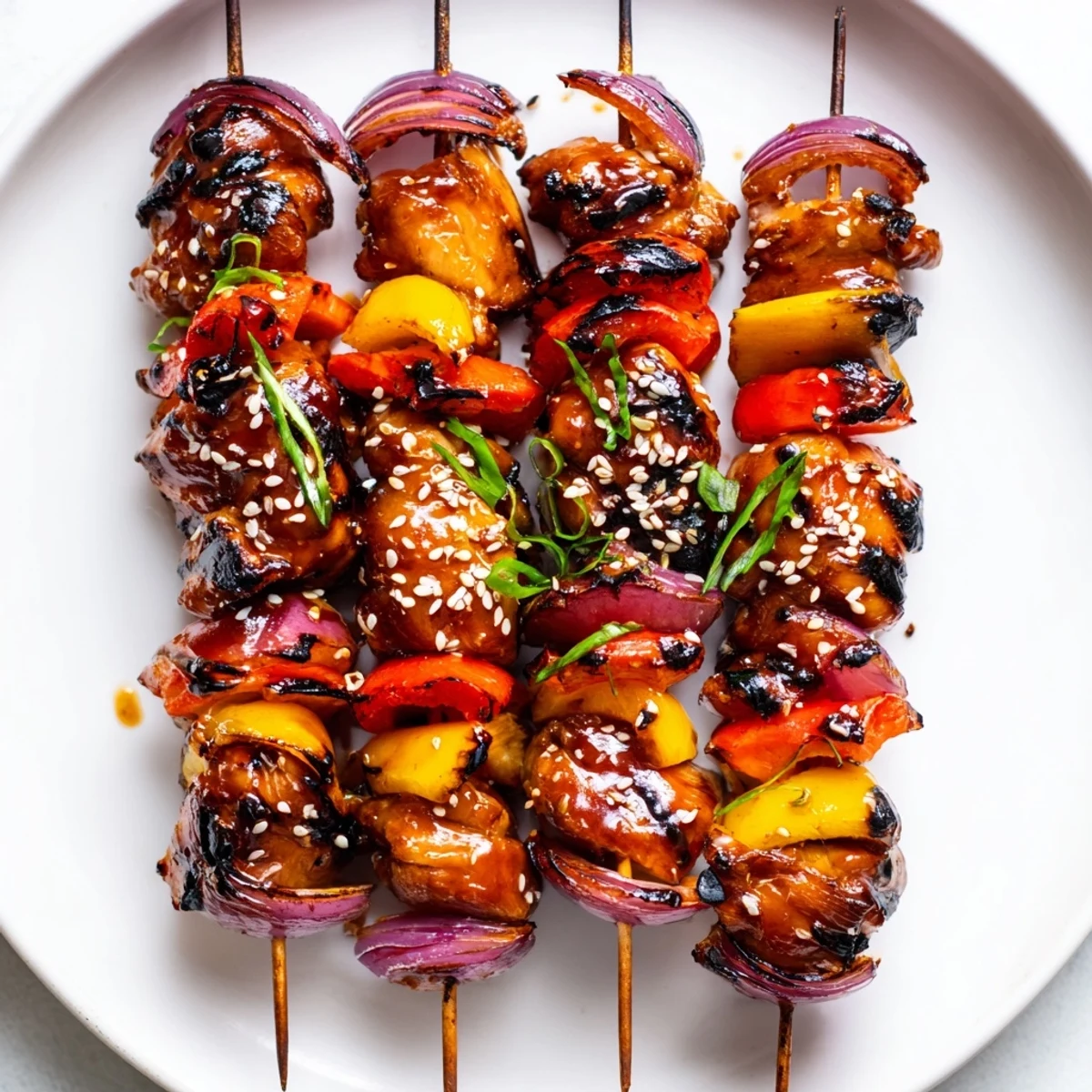 Grilled Chicken Skewers With Korean BBQ Sauce served with steamed rice