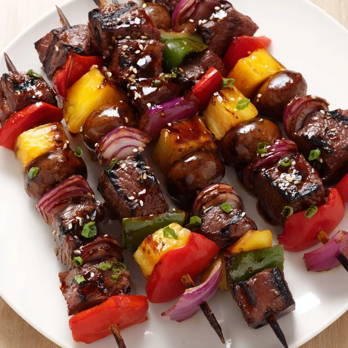 Grilled Teriyaki Steak Kabobs glistening with sesame, smoky char, served over rice