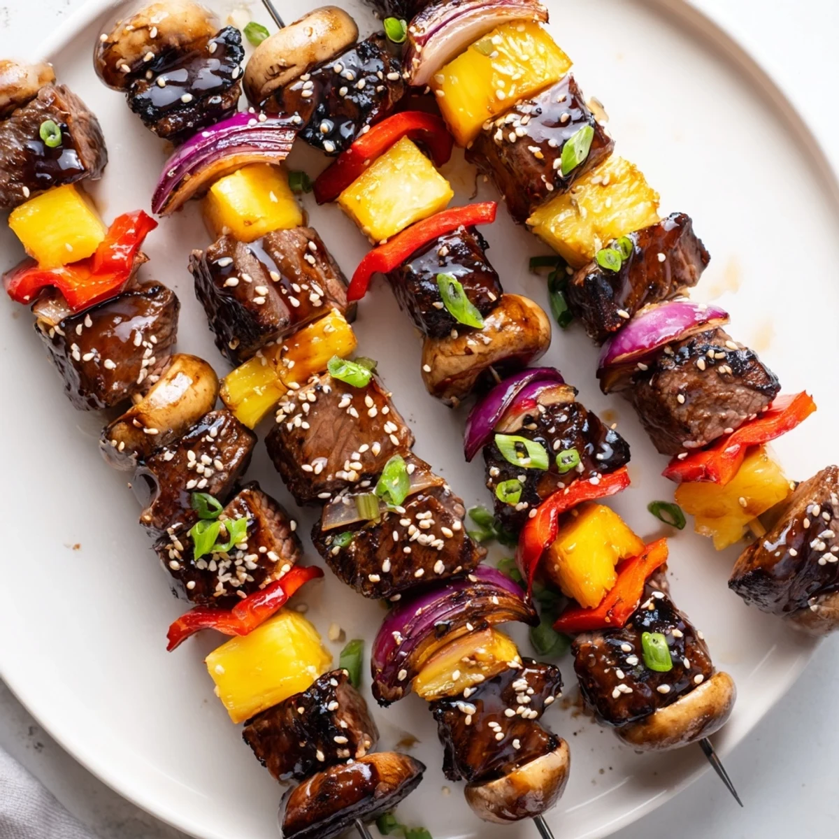 Platter of Grilled Teriyaki Steak Kabobs with caramelized pineapple and scallions