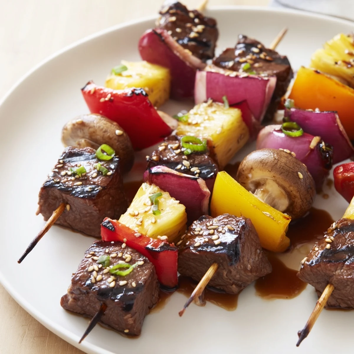 Close-up of Grilled Teriyaki Steak Kabobs, juicy beef cubes and charred veggies