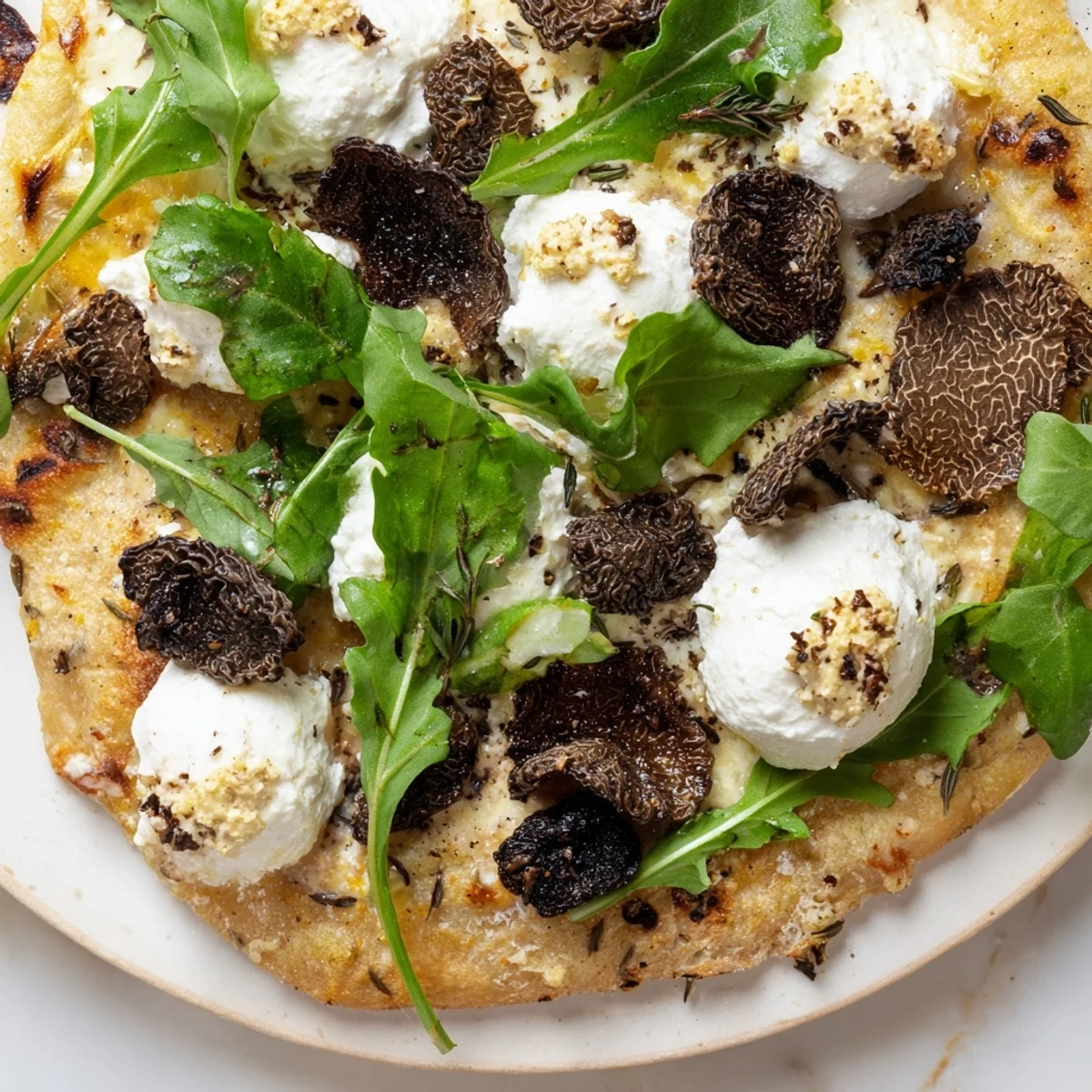 Golden morel mushroom arugula flatbread drizzled with aromatic truffle oil after baking