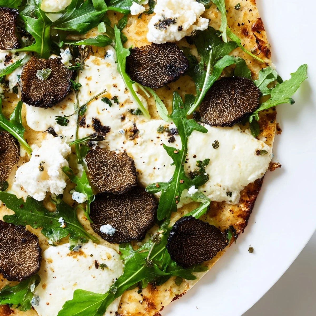 Crispy morel mushroom arugula flatbread topped with fresh greens and luxurious truffle oil