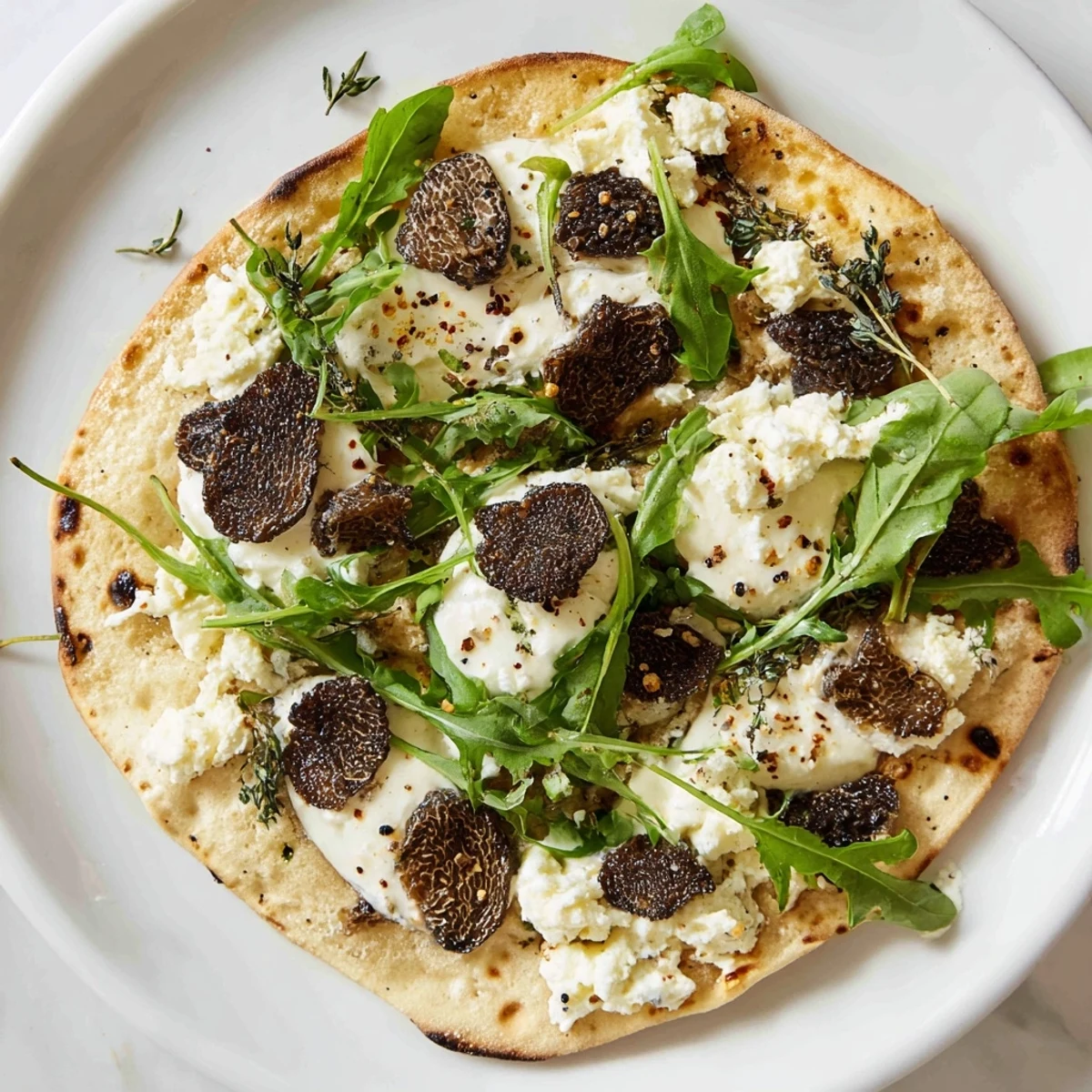 Gourmet morel mushroom arugula flatbread featuring bubbly cheese and fragrant truffle oil finish