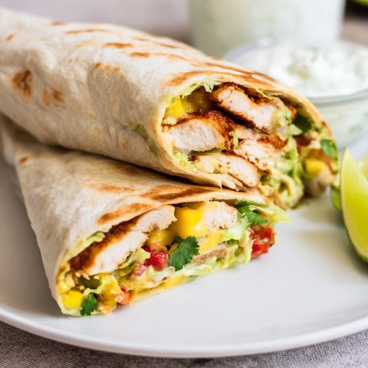 Golden brown grilled chicken slices wrapped in flour tortillas with vibrant green avocado mango salsa