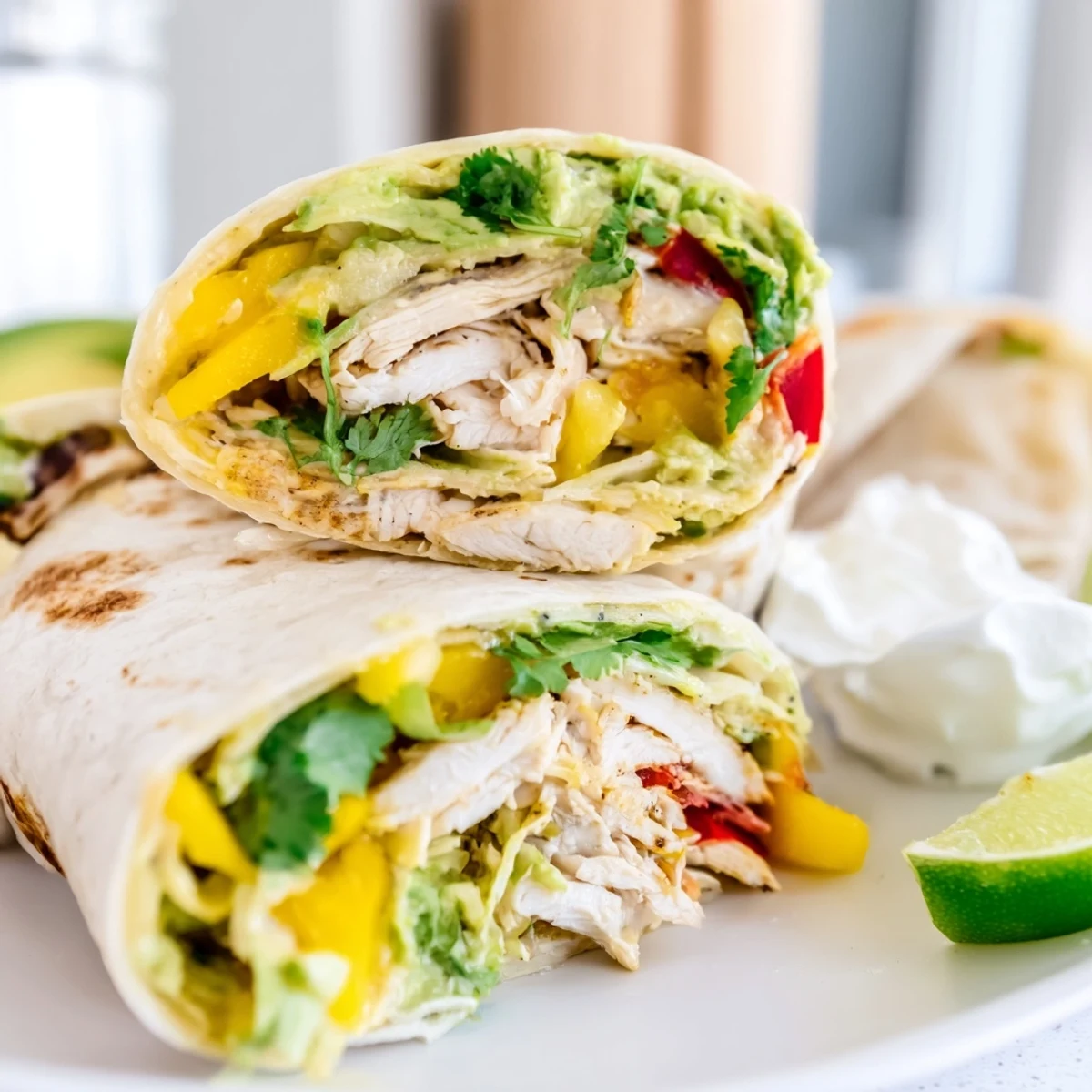 Summer Grilled Chicken Wraps featuring juicy spiced chicken and colorful fresh fruit salsa on white plates