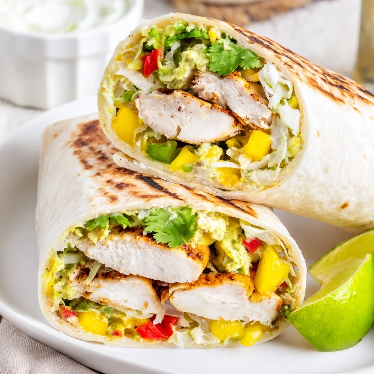 Cross section of Summer Grilled Chicken Wraps revealing layers of lettuce tender chicken and creamy avocado mango salsa