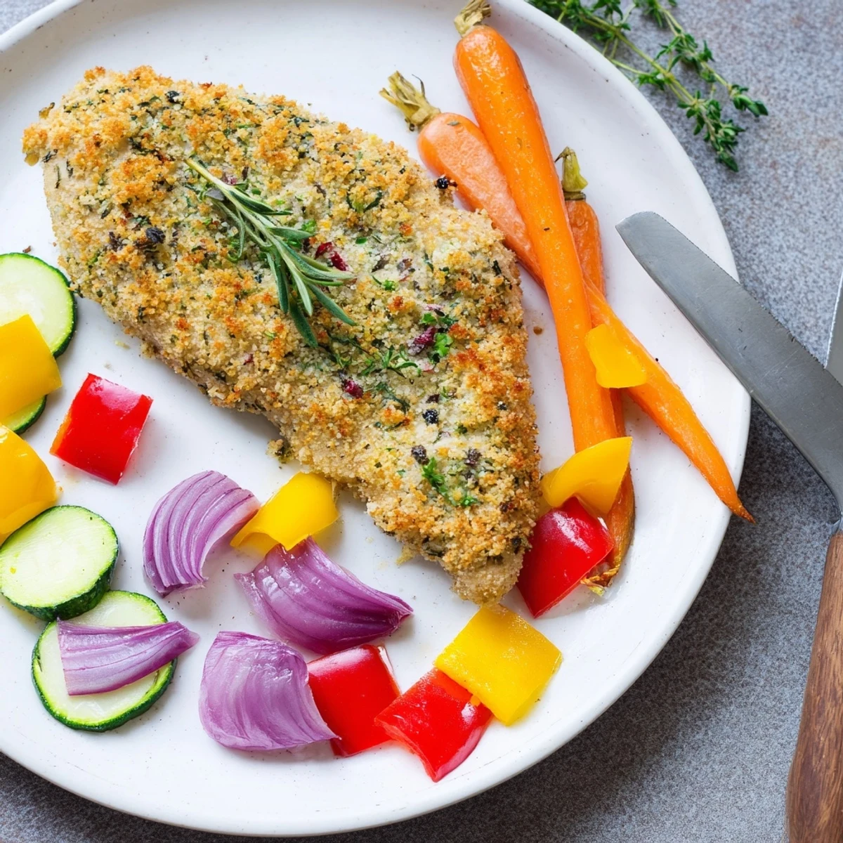 Crispy breadcrumb coated chicken served alongside caramelized roasted peppers carrots and zucchini