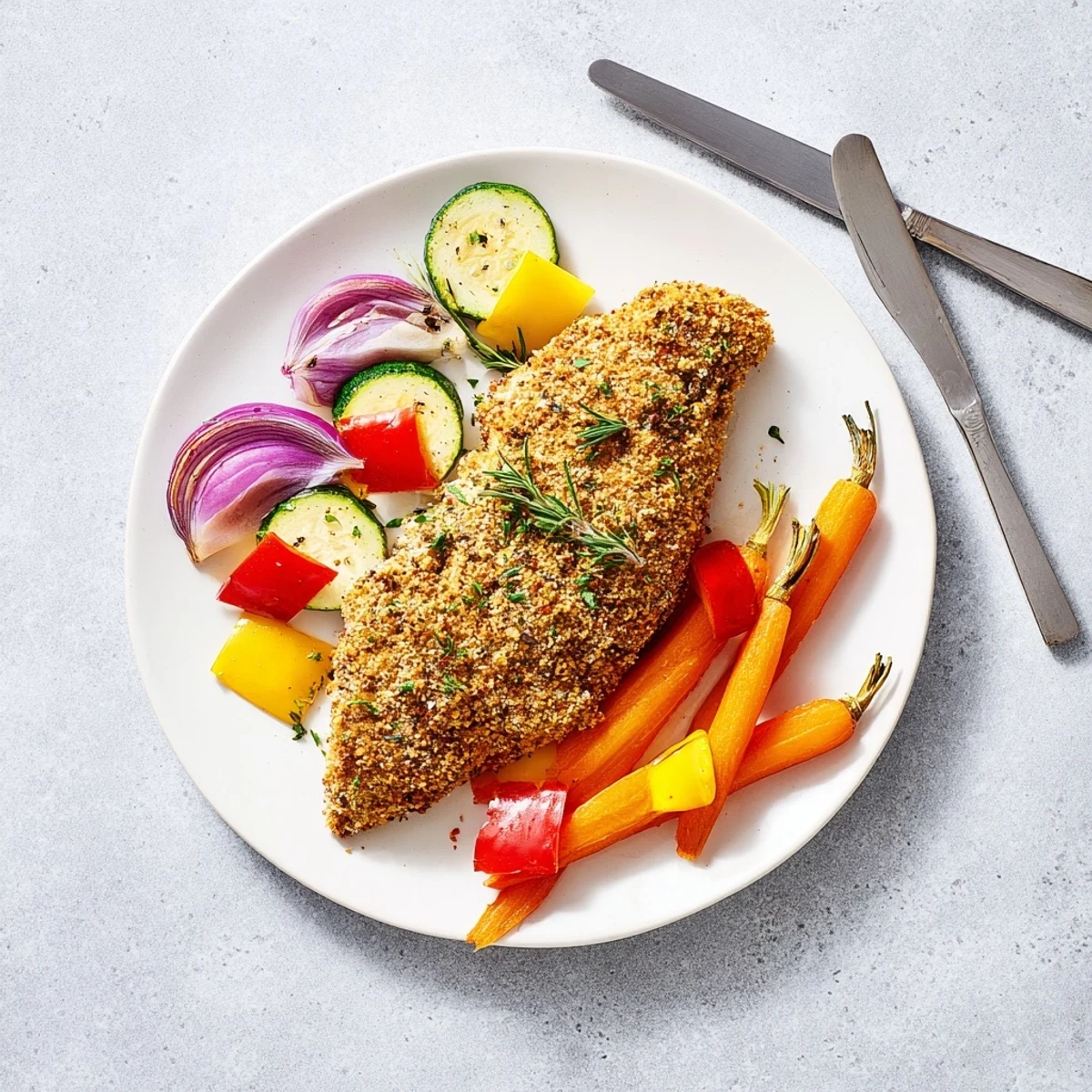Golden herb crusted chicken breast roasted with colorful seasonal vegetables on a white plate