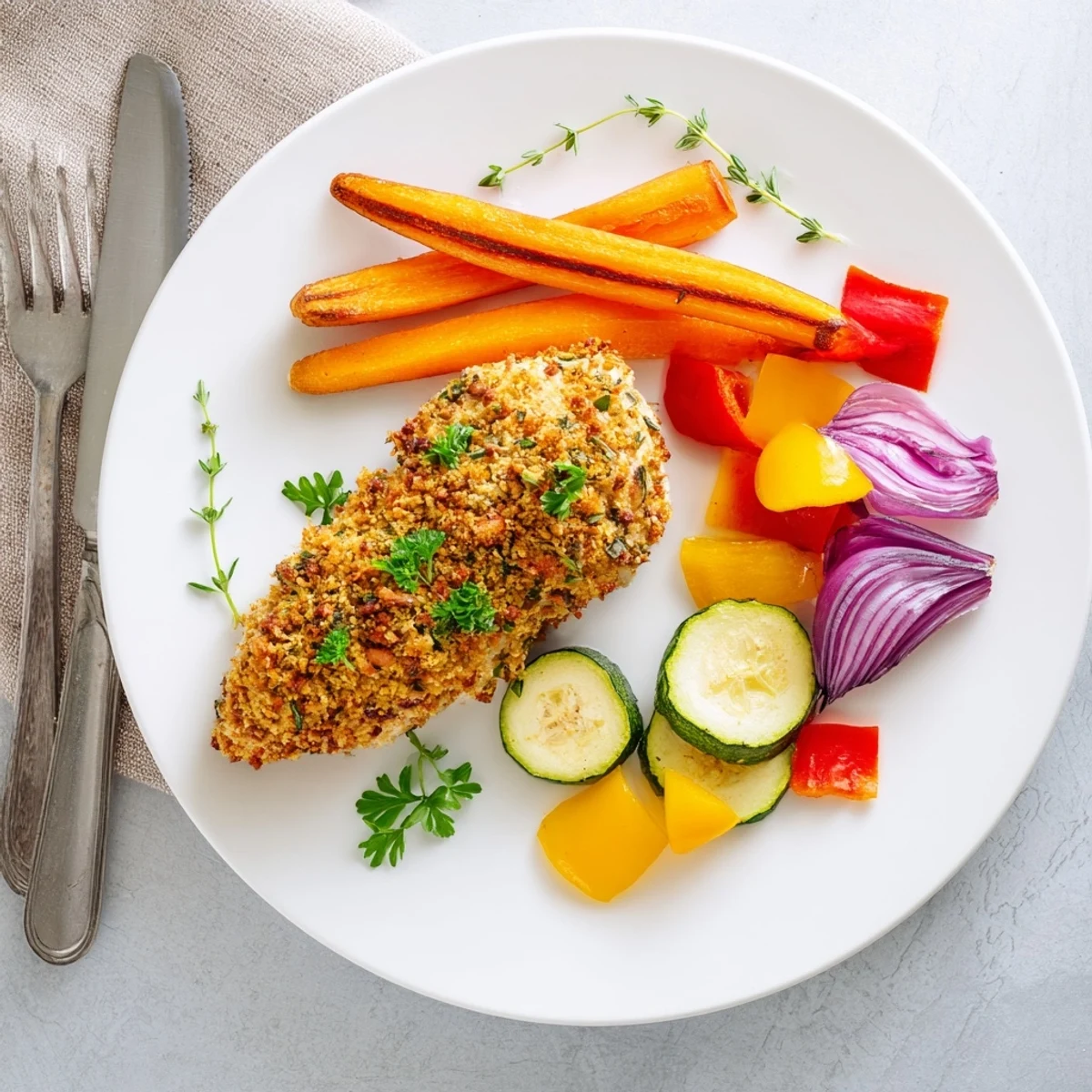 Juicy herb crusted chicken with tender roasted medley of vegetables on rustic wooden board