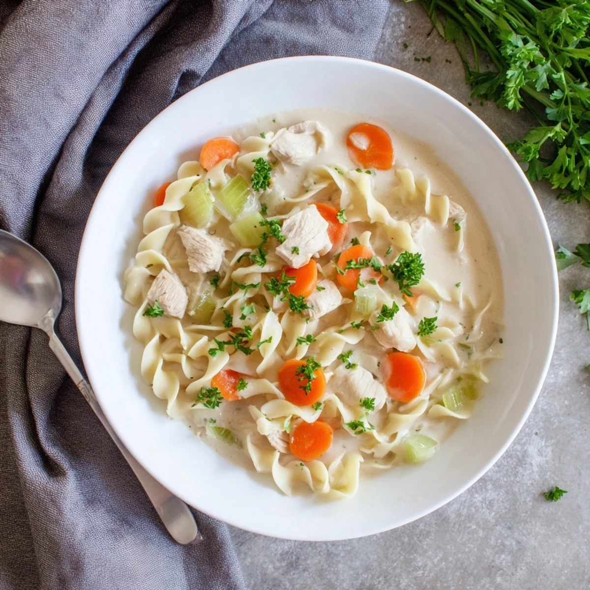 Steamy one pot chicken and noodles in a broth with tender vegetables and fresh parsley garnish