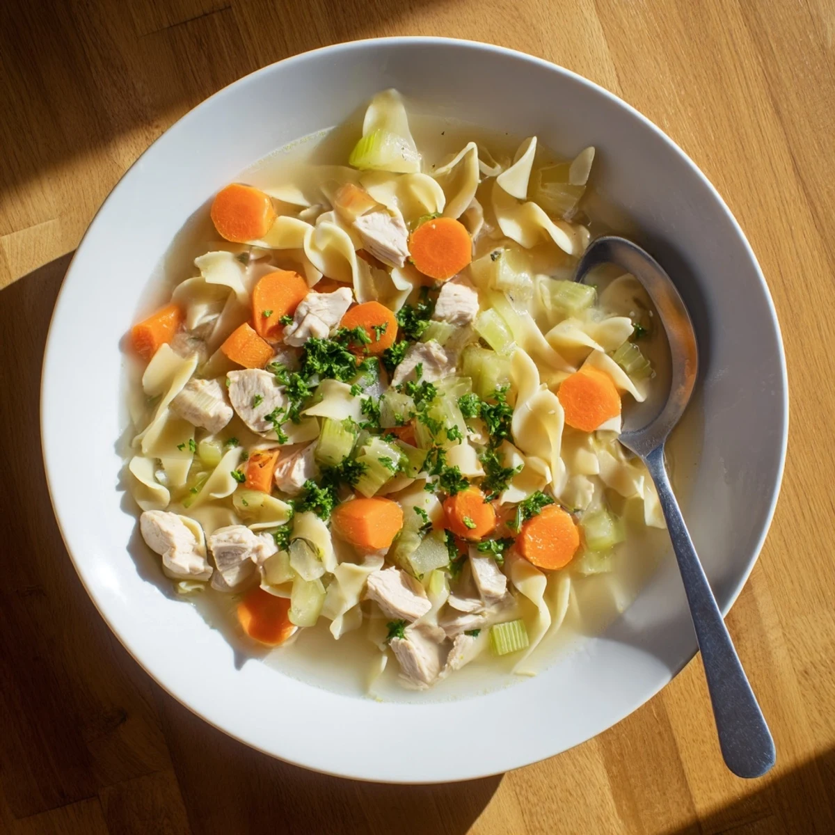 Comforting one pot chicken and noodles featuring bite-sized chicken pieces and wide egg noodles in savory broth