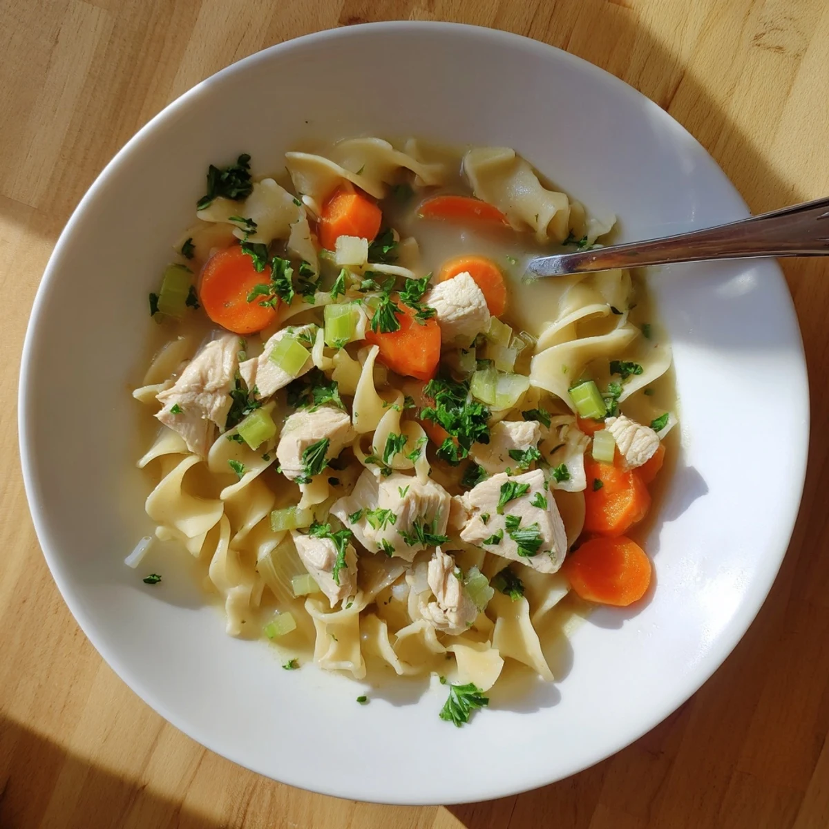 Hearty one pot chicken and noodles simmered with carrots, celery, and aromatics in a single Dutch oven