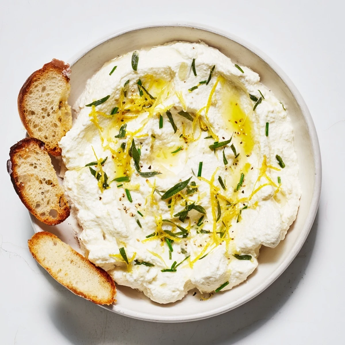 Creamy whipped ricotta spread topped with fresh herbs and lemon zest on a white serving plate