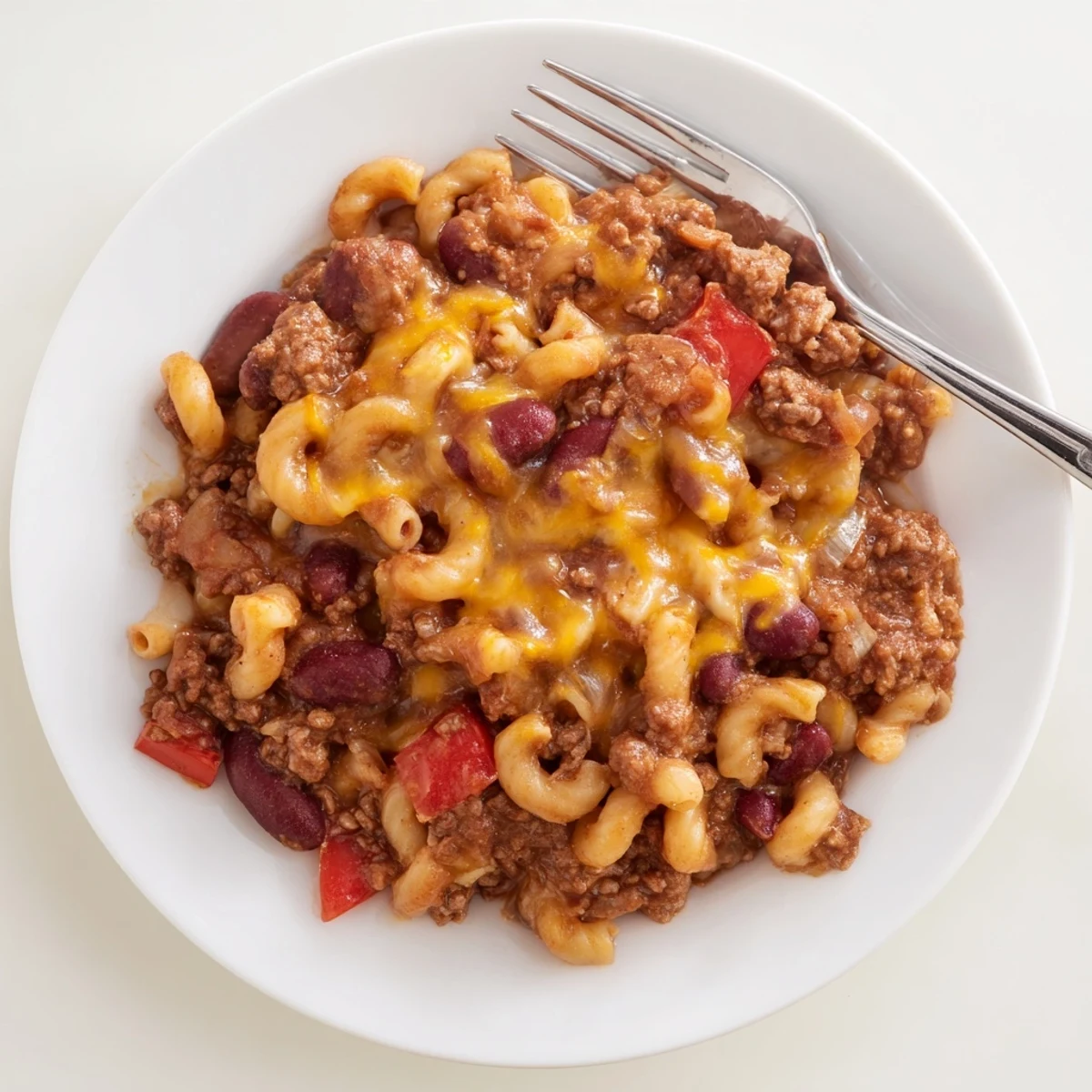 Hearty chili mac and cheese casserole featuring ground beef, red peppers, and bubbly mozzarella