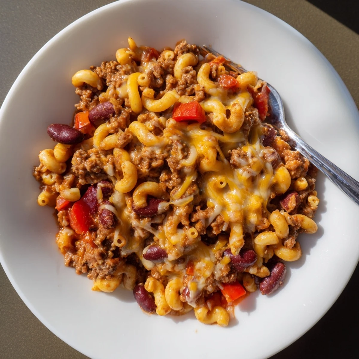 Baked chili mac and cheese with melted cheddar topping on beef and kidney bean pasta