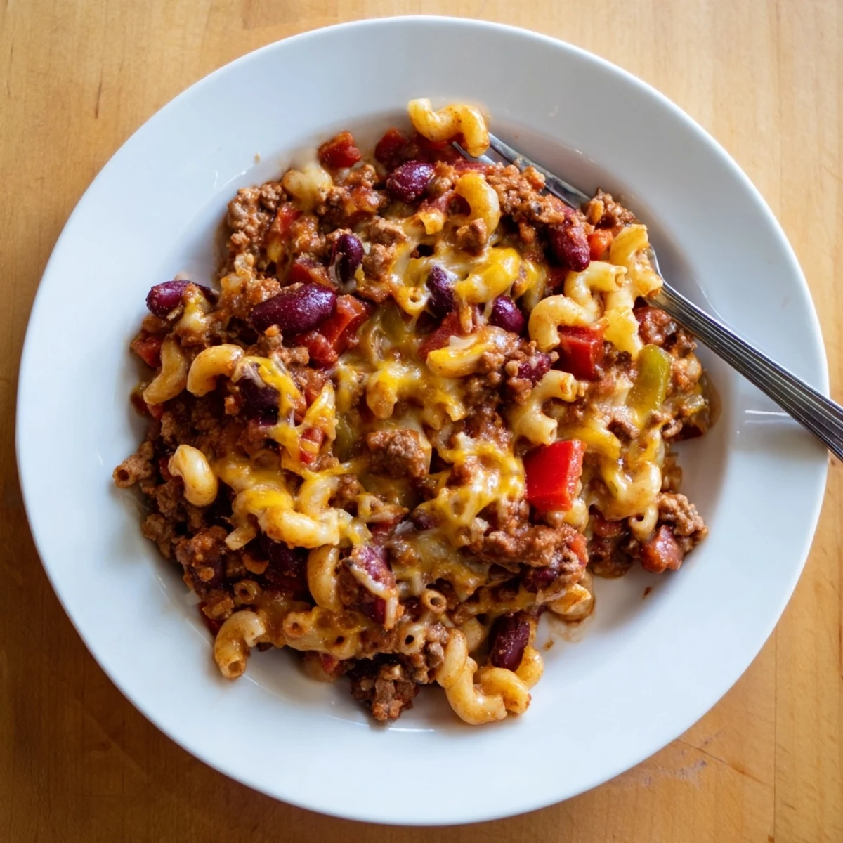Creamy chili mac and cheese dish with ground beef, beans, and golden cheese crust