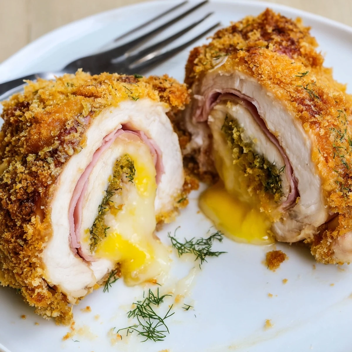 Crispy Pickle Brined Chicken Rolls, sliced to show golden exterior and melty cheese