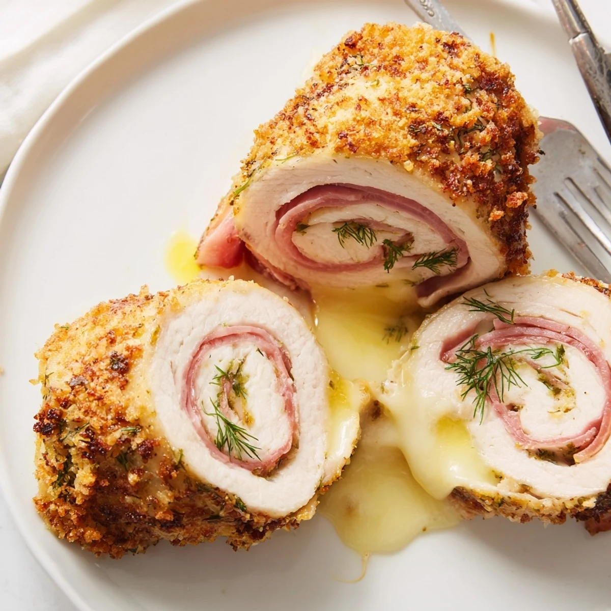Tangy Crispy Pickle Brined Chicken Rolls rest on a cutting board, herbs sprinkled