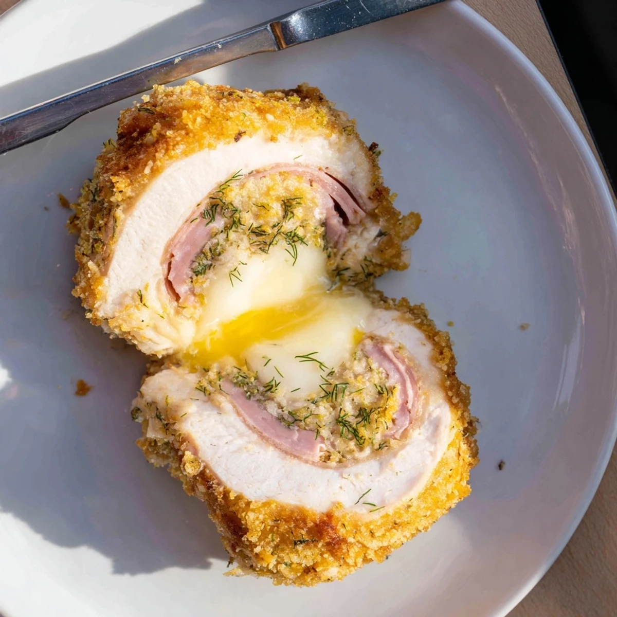 Bite revealing juicy interior of Crispy Pickle Brined Chicken Rolls beside potato salad