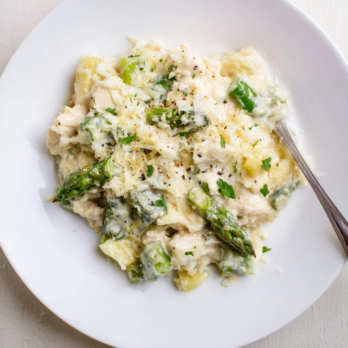 Creamy Chicken Asparagus Bake bubbling golden, tender chicken, crisp asparagus, creamy cheese
