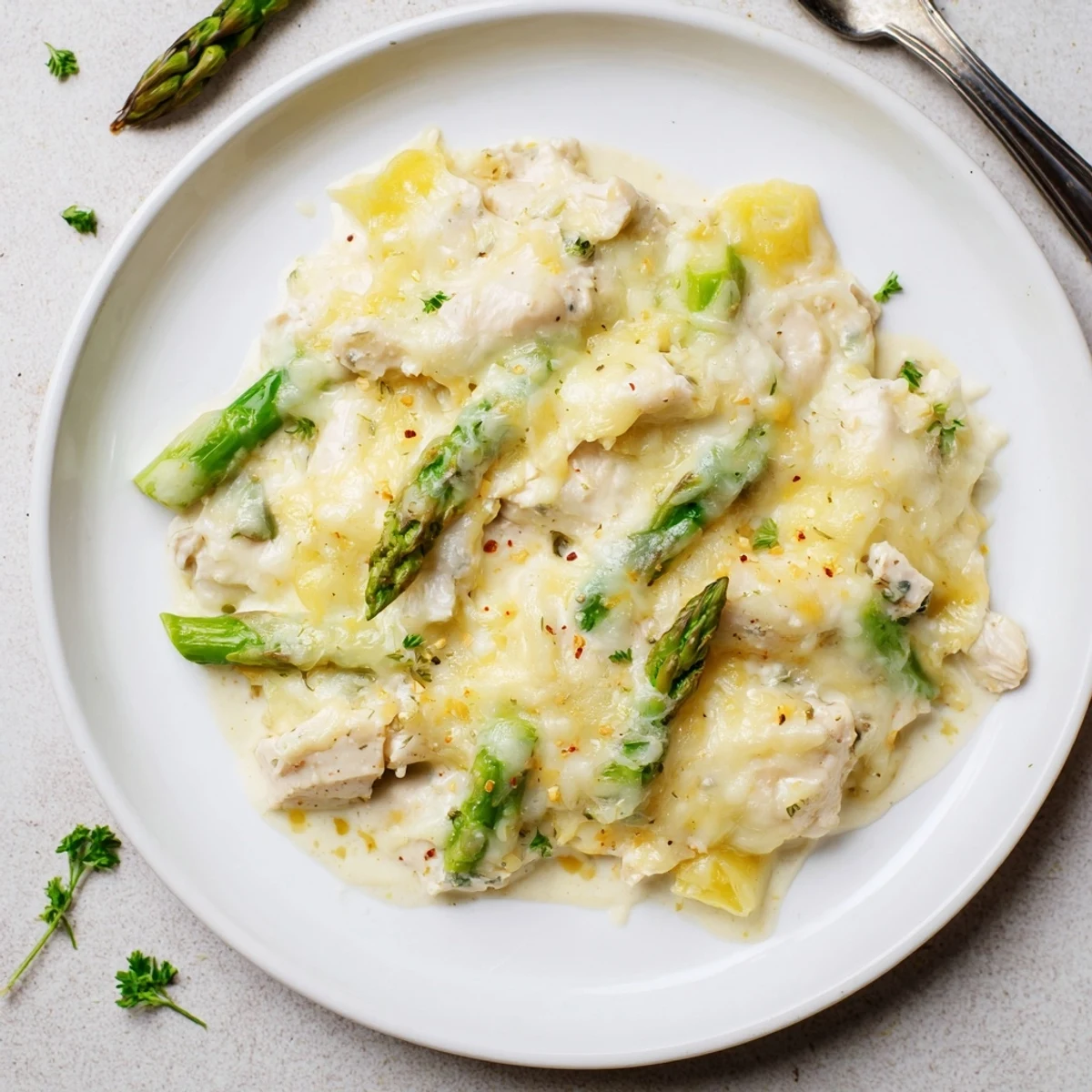 Family style Creamy Chicken Asparagus Bake served hot with chopped parsley garnish