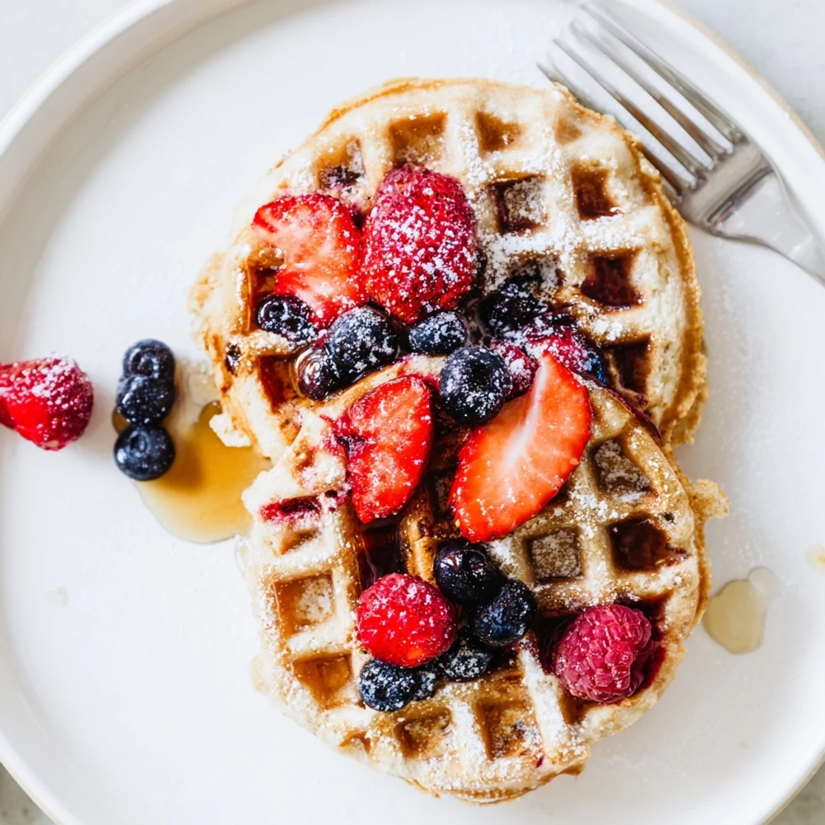 Almond Flour Waffles With Berries steaming, golden edges, topped with mixed berries.