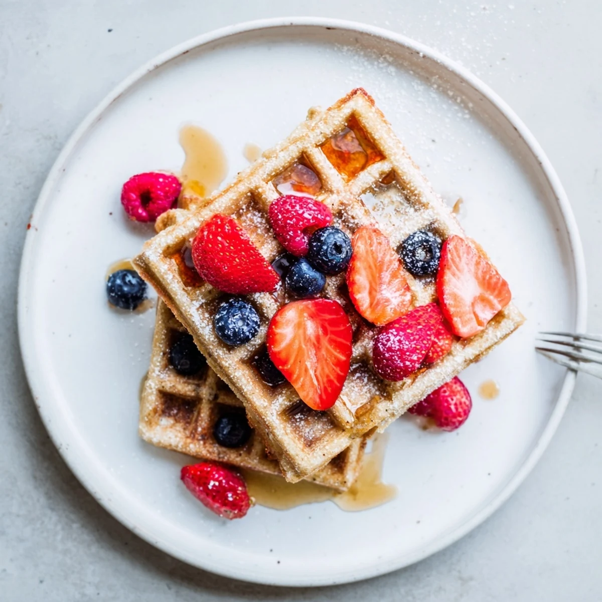 Stack of Almond Flour Waffles With Berries, fluffy interior, powdered sugar dusting.