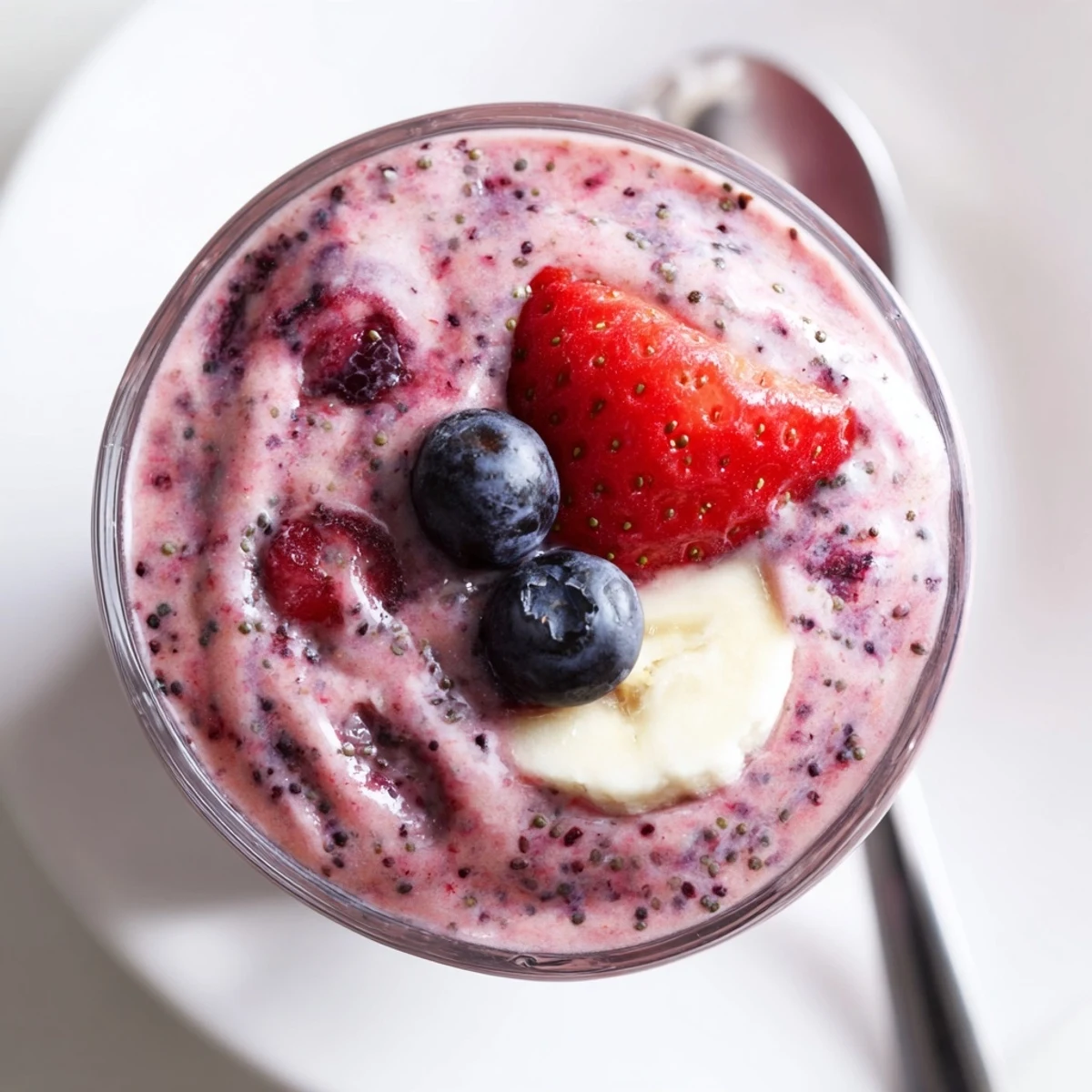 Summer Berry Smoothie in tall glass, creamy pink swirl, garnished with fresh berries