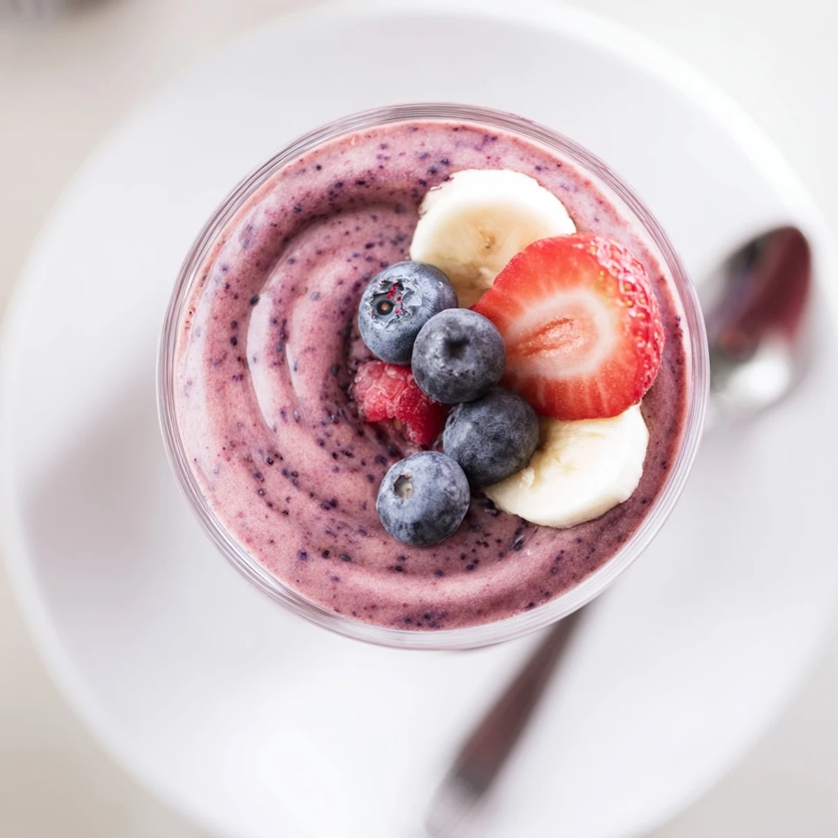Refreshing Summer Berry Smoothie poured into mason jar, studded with chia
