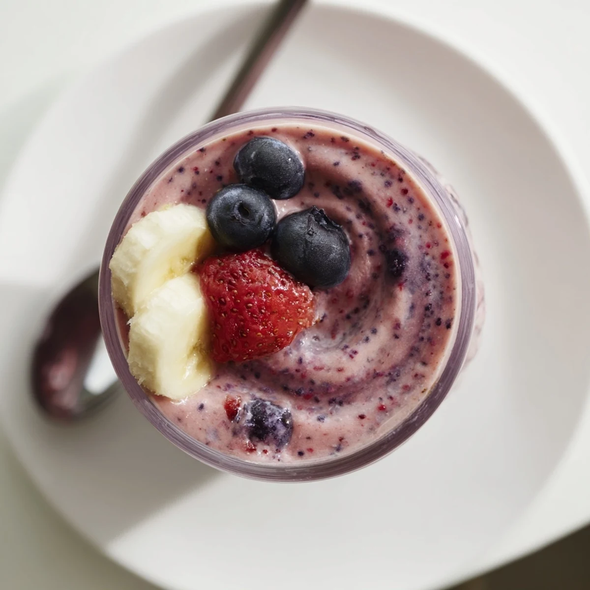 Cold Summer Berry Smoothie with banana and almond milk, ideal breakfast sip
