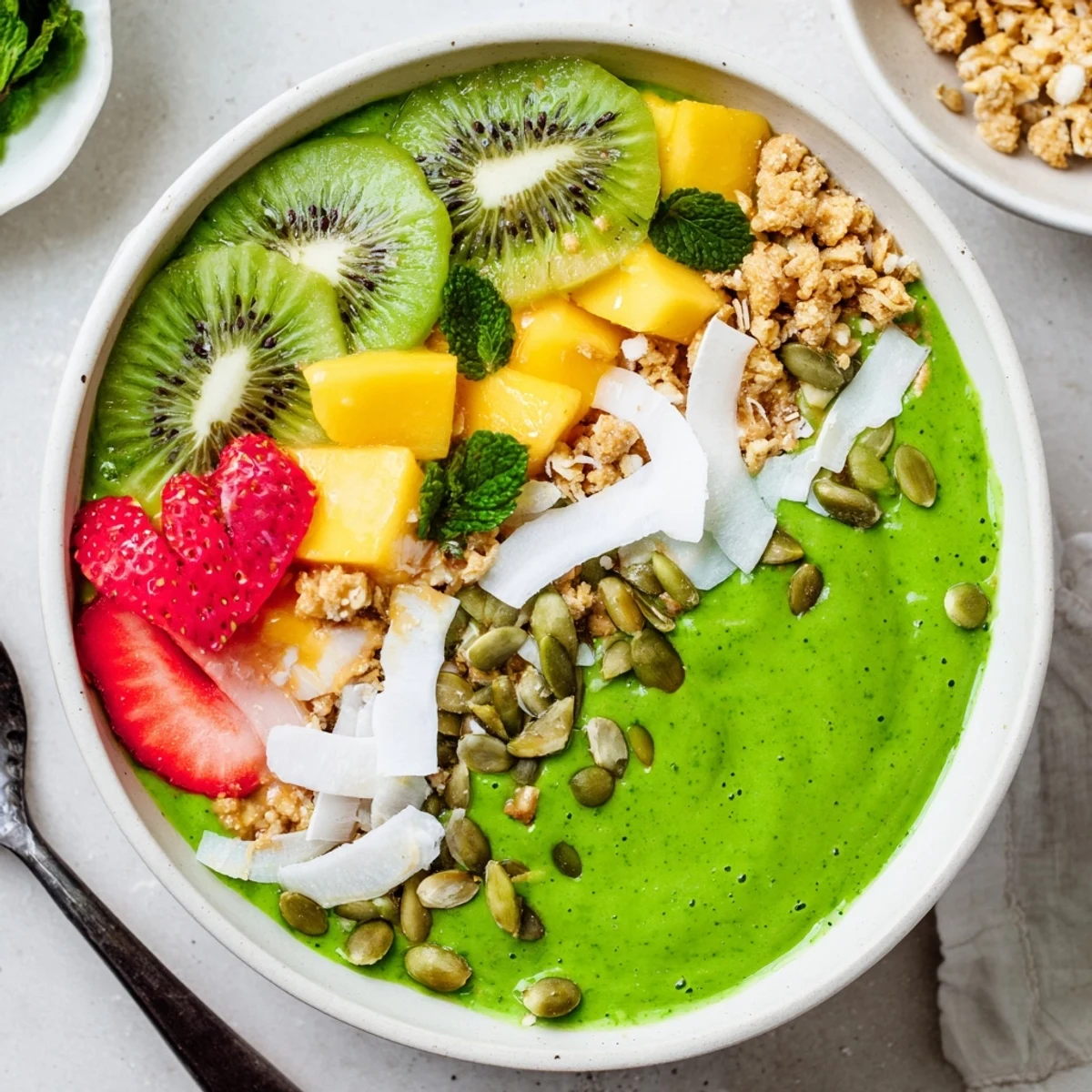 Creamy Green Smoothie Bowls garnished with mint and crunchy pumpkin seeds