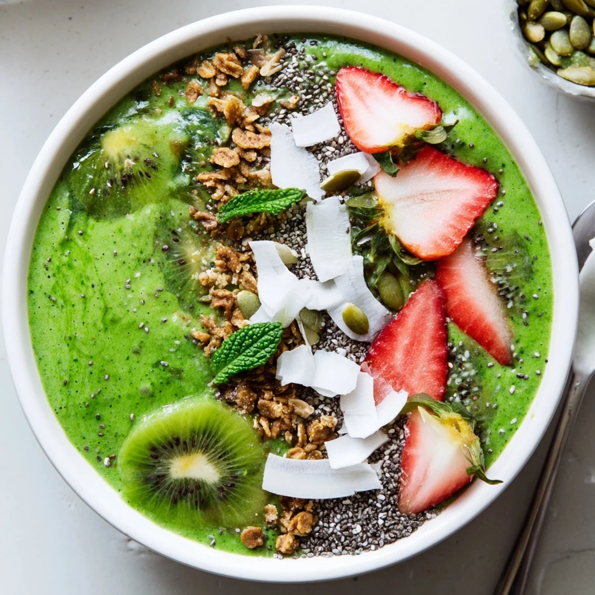Green Smoothie Bowls topped with sliced strawberries, kiwi, granola, coconut flakes