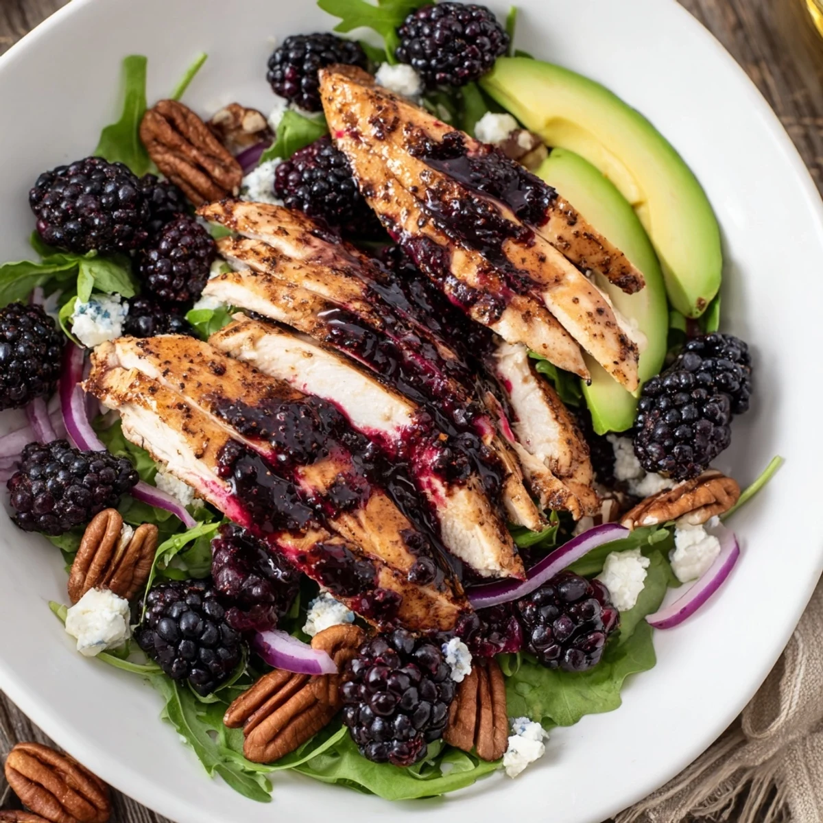 Grilled slices atop greens in Sweet Tangy Blackberry Chicken Salad Recipe, glossy vinaigrette.