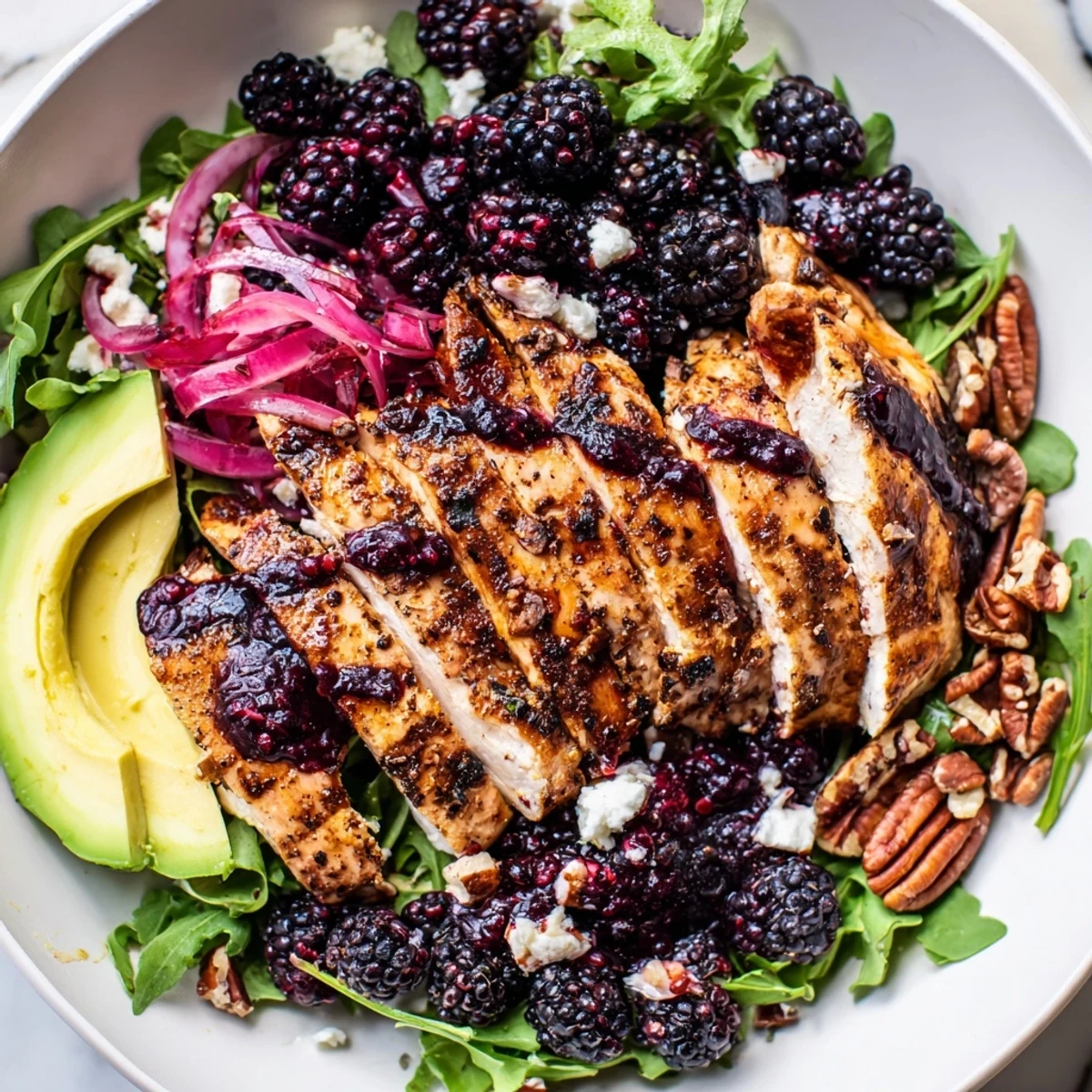 Sweet Tangy Blackberry Chicken Salad Recipe with creamy avocado, crunchy toasted pecans.