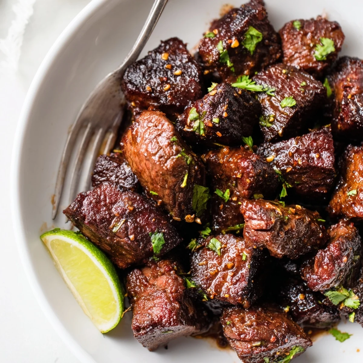 Sweet Spicy Jerk Style Beef Bites glistening with caramelized crust, served with lime  