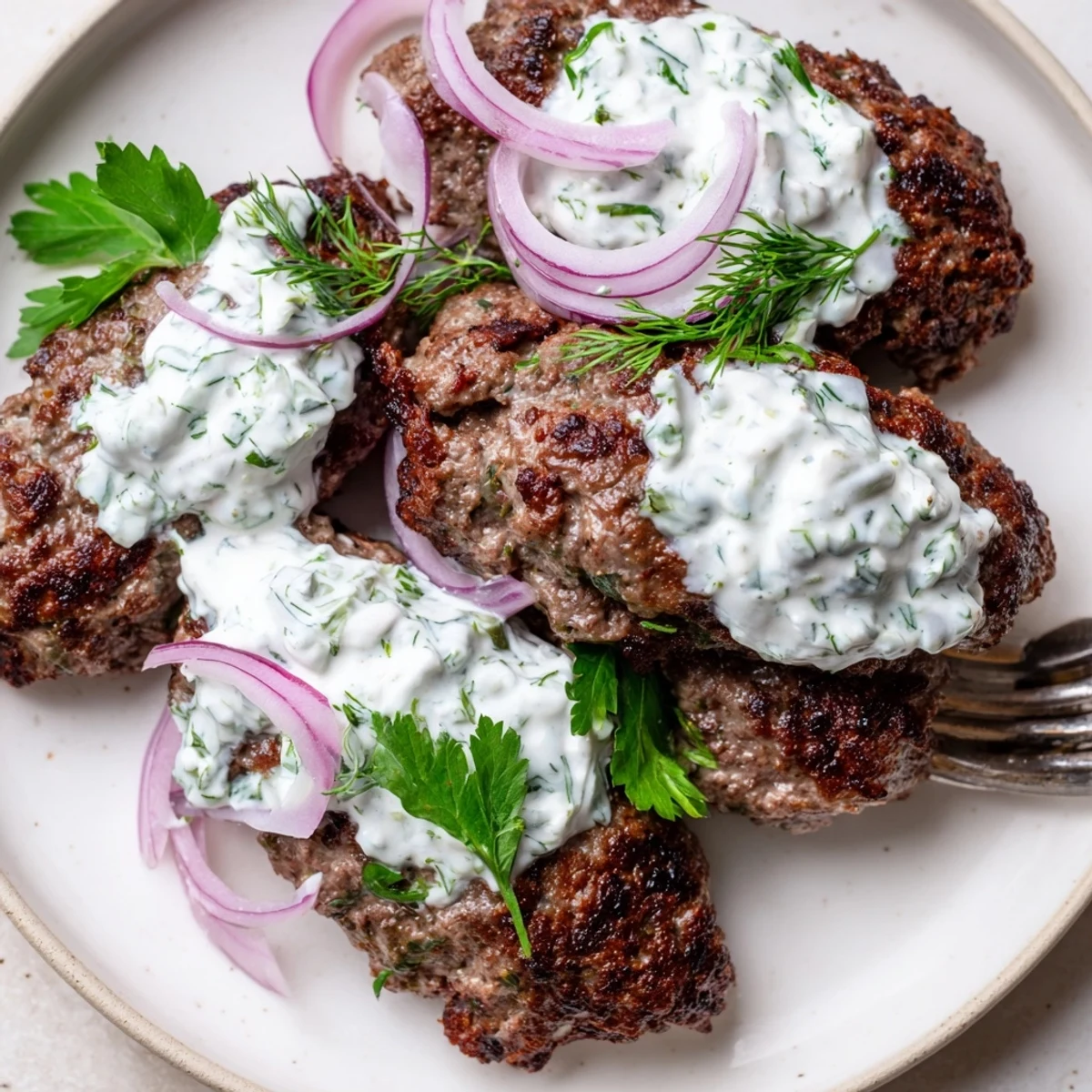 Juicy Middle Eastern smashed beef kebabs topped with creamy cucumber yogurt sauce and fresh herbs