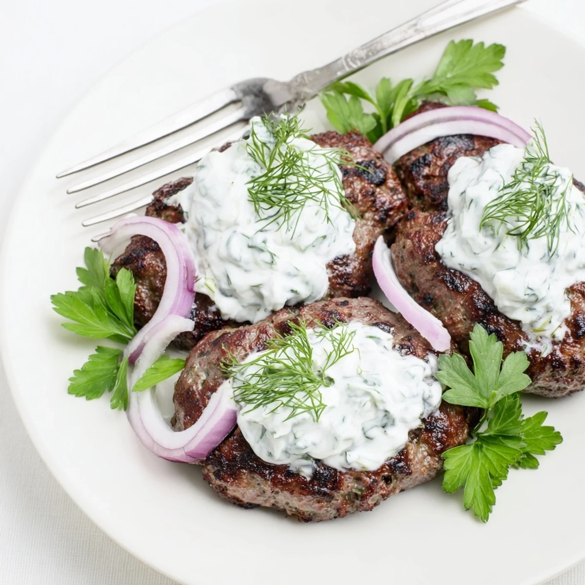 Hand-shaped smashed beef kebabs arranged on a platter with dollops of tangy cucumber yogurt