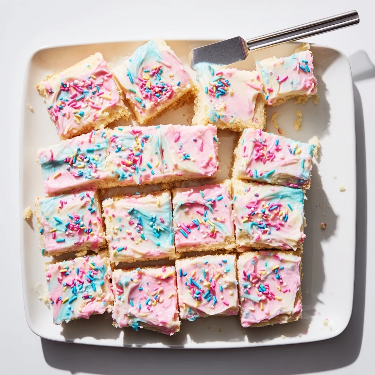 Soft frosted sugar cookie bars topped with colorful creamy frosting and rainbow sprinkles on a white serving plate.