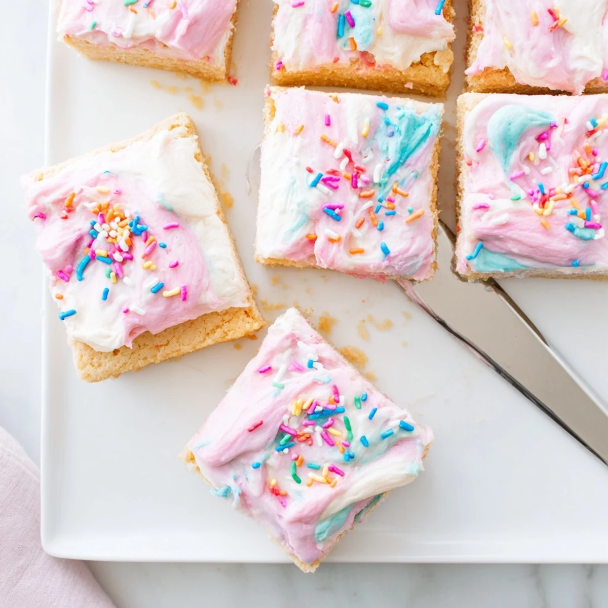 Golden buttery sugar cookie bars spread with thick vanilla frosting and festive party sprinkles for easy dessert sharing.