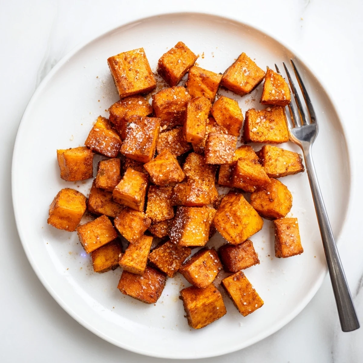 Golden air fryer sweet potato cubes with crispy edges and tender centers, seasoned with smoked paprika