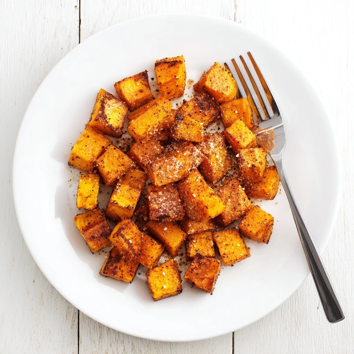 Crispy air fryer sweet potato cubes garnished with fresh herbs, showcasing their golden brown exterior and soft interior