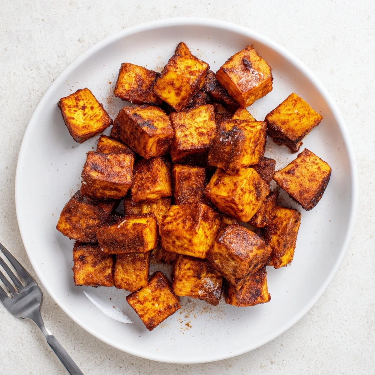 Perfectly cooked air fryer sweet potato cubes arranged on a white plate, ready to serve as a healthy side dish