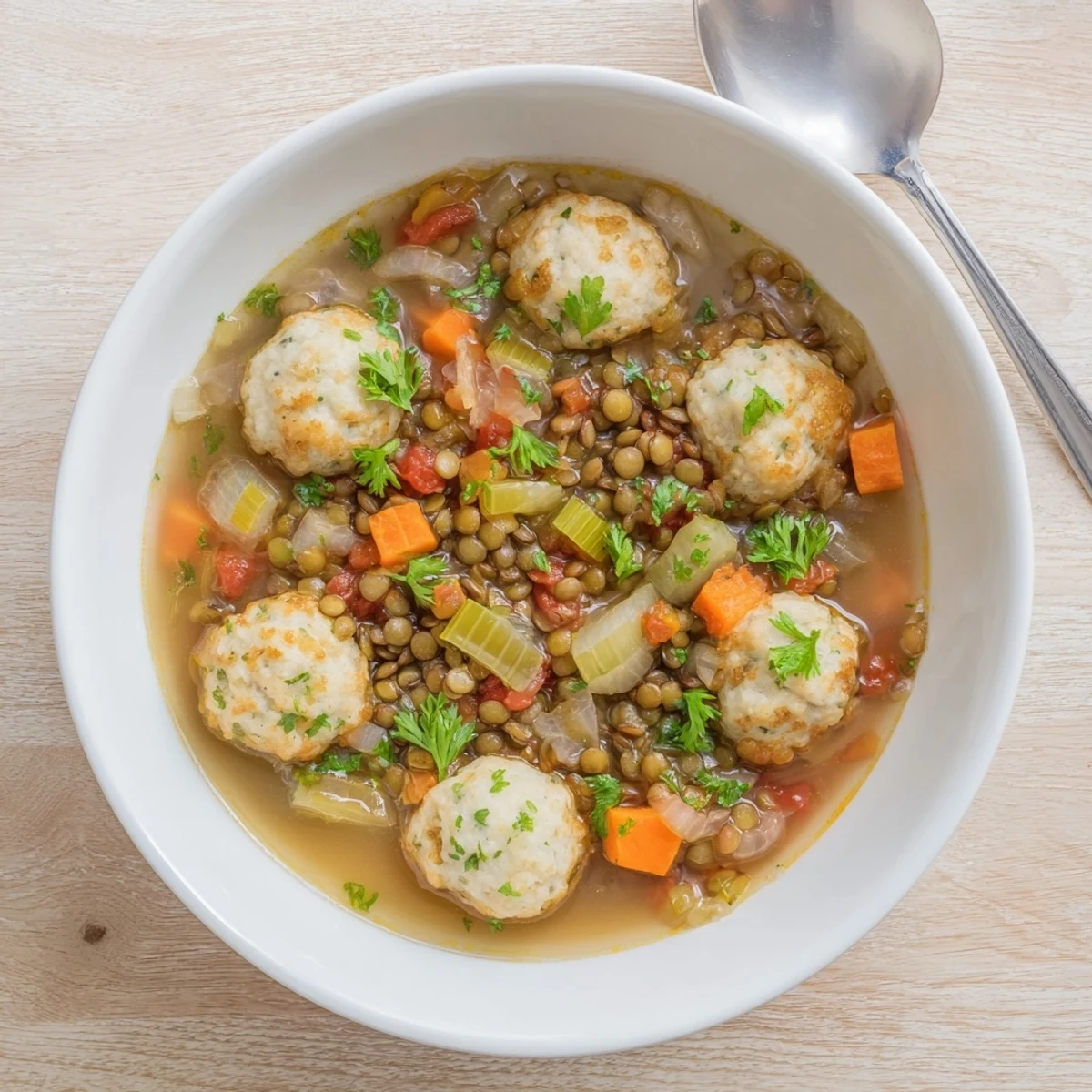 Golden brown dumplings steaming on top of a rich, savory lentil stew with vegetables