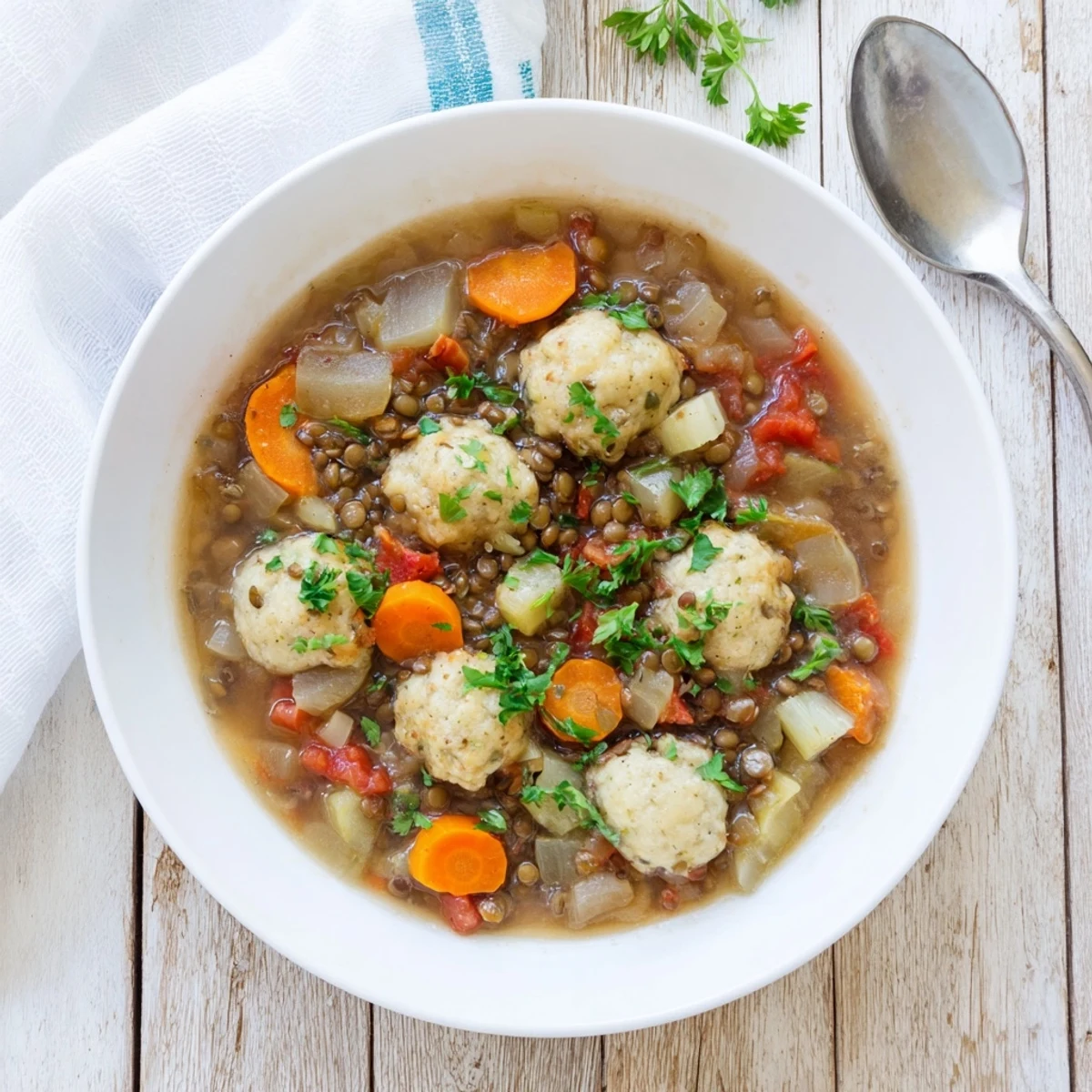 Fluffy homemade dumplings resting on a bed of tender lentils in a bubbling pot