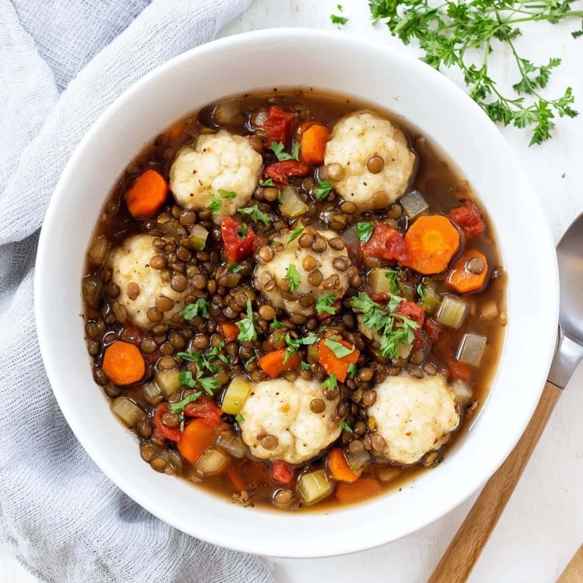 Comforting bowl of lentils with dumplings garnished with fresh parsley and served hot
