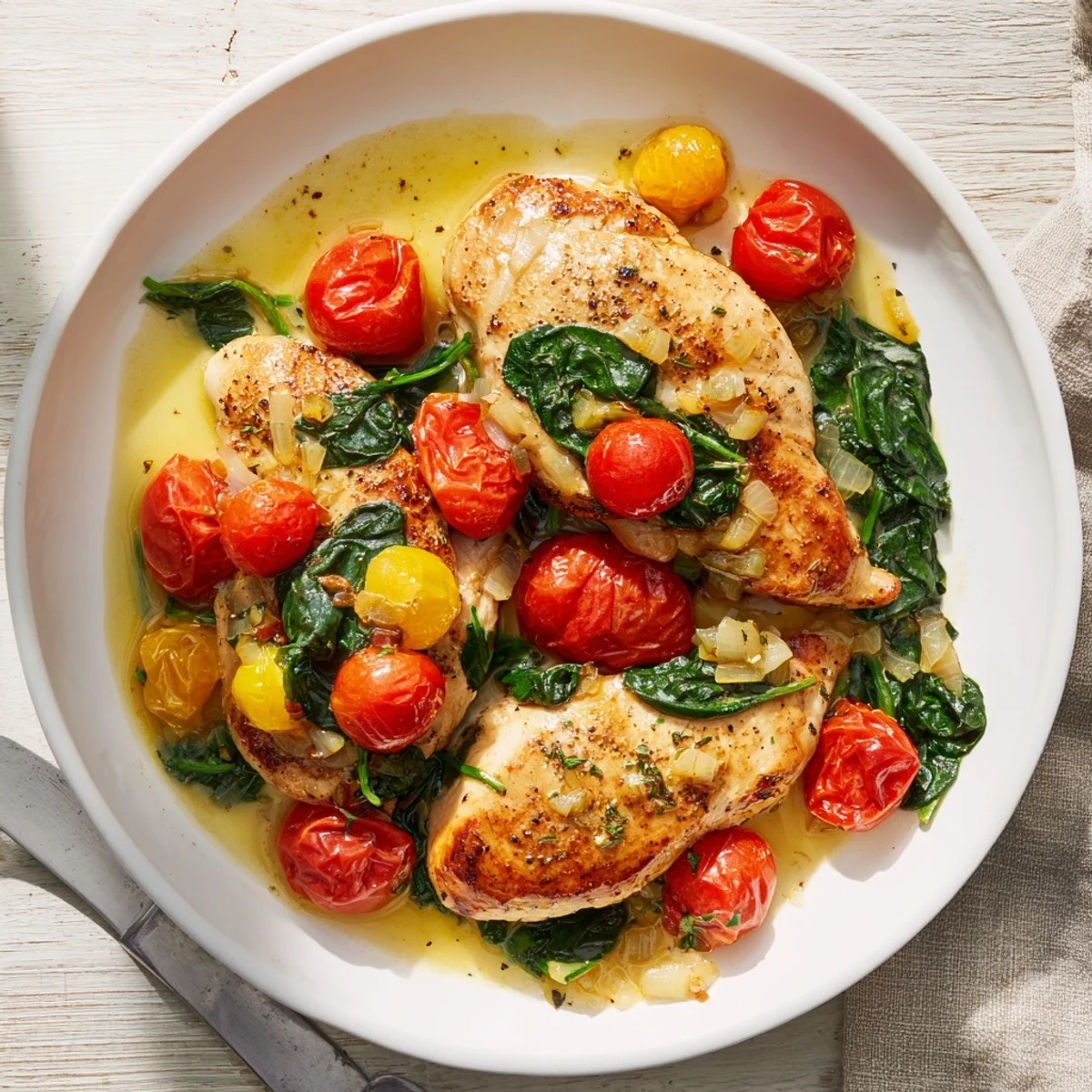 Juicy Tomato Spinach White Wine Chicken simmered in a garlicky broth topped with burst cherry tomatoes