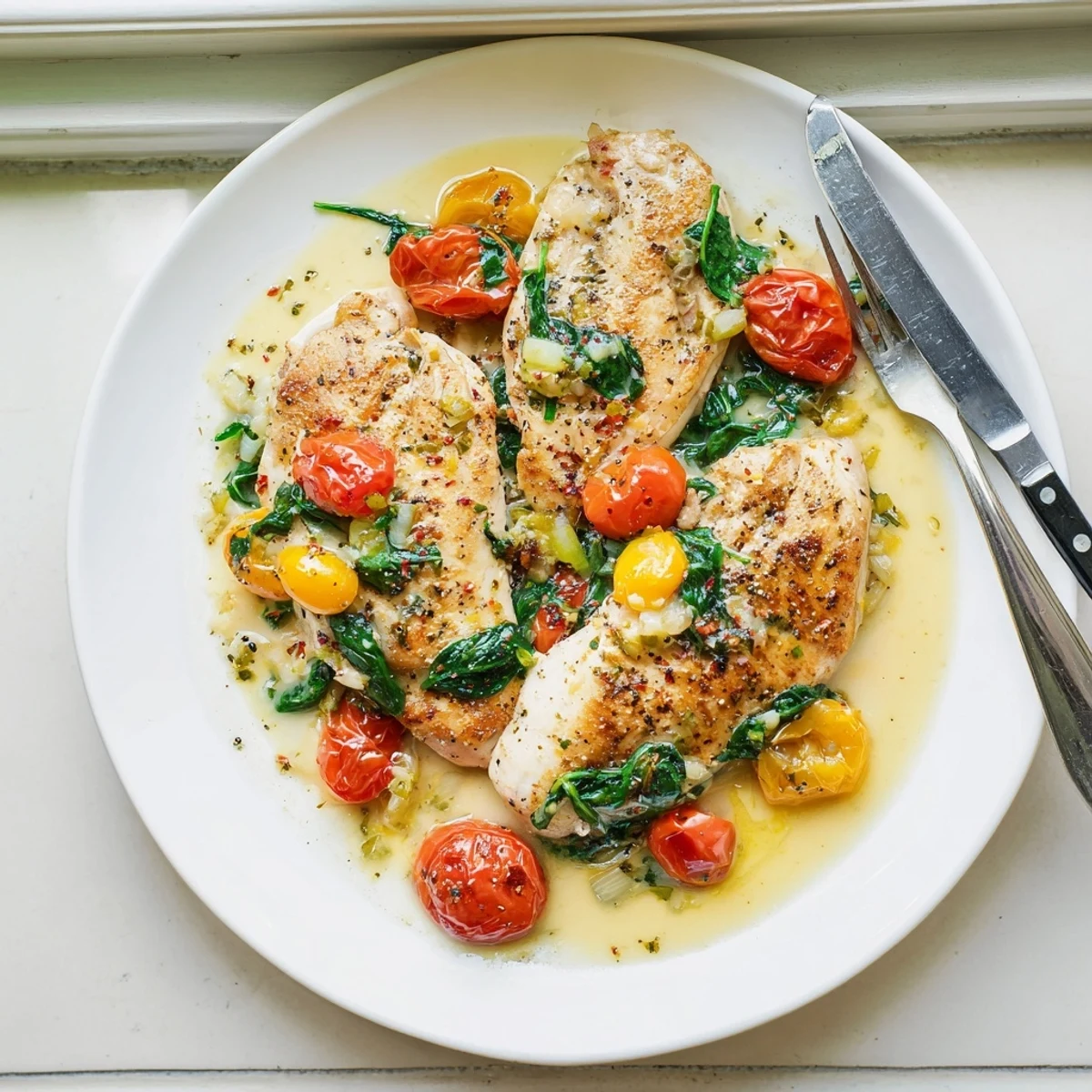 Mediterranean-style chicken pieces served over tender spinach in a savory white wine reduction with golden onions