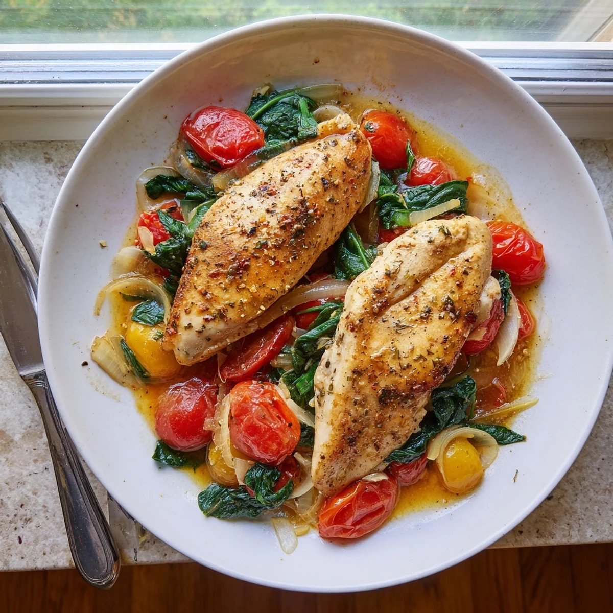 Golden pan-seared chicken breasts nestled in a creamy tomato spinach white wine sauce with wilted greens