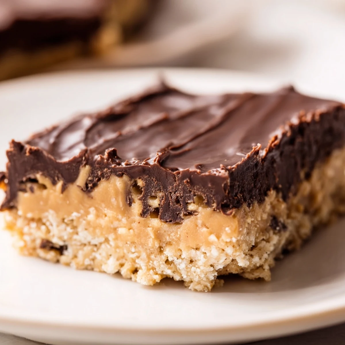 Chewy no-bake peanut butter bars with glossy chocolate layer cut into squares