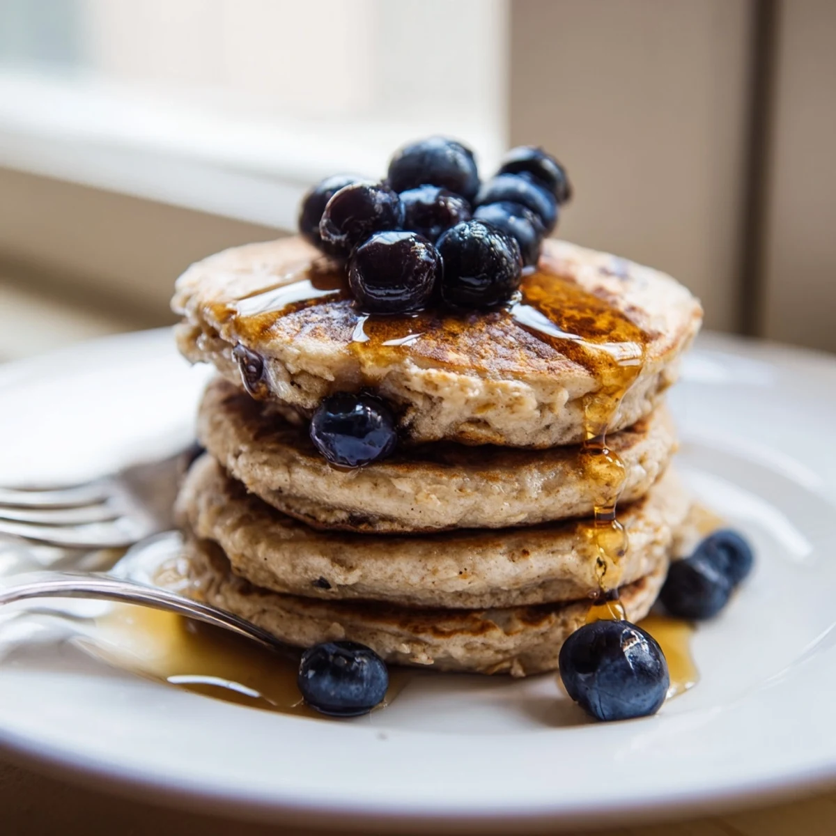 Stack of fluffy protein banana pancakes topped with fresh banana slices and maple syrup